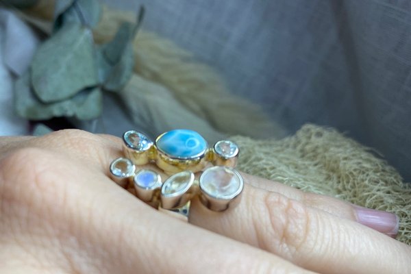 925 Silber Ring mit Larimar , blauer Topas und weißer Labradorit (Regenbogenmondstein)