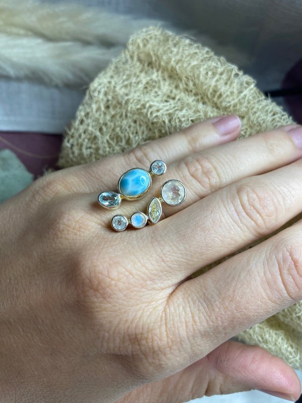 925 Silber Ring mit Larimar , blauer Topas und weißer Labradorit (Regenbogenmondstein)